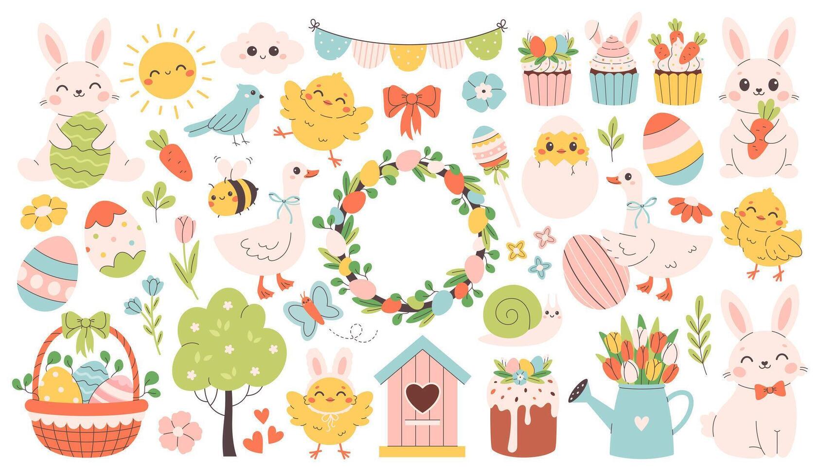 Cute Easter stickers collection. Spring collection of animals, flowers and seasonal decorations. Design for greeting cards, posters, scrapbooking vector