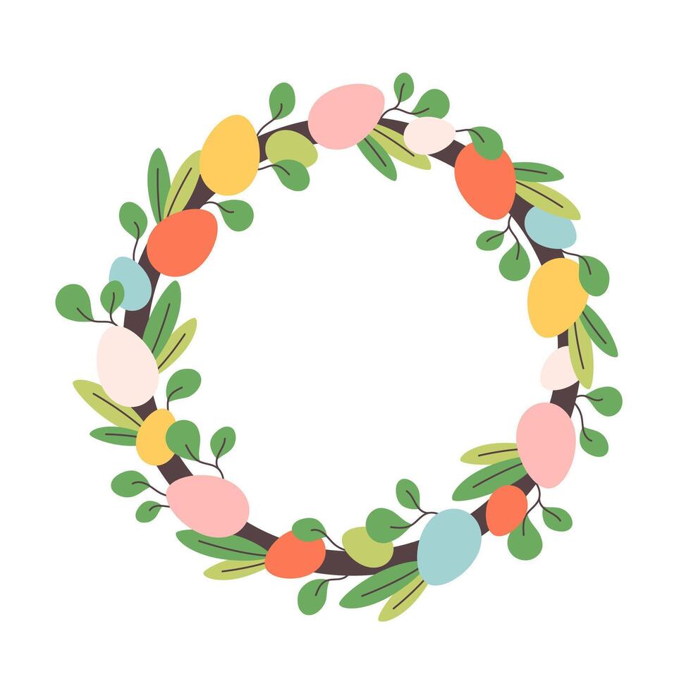 Cute Easter wreath with decorative colorful eggs and green leaves. Happy Easter. vector