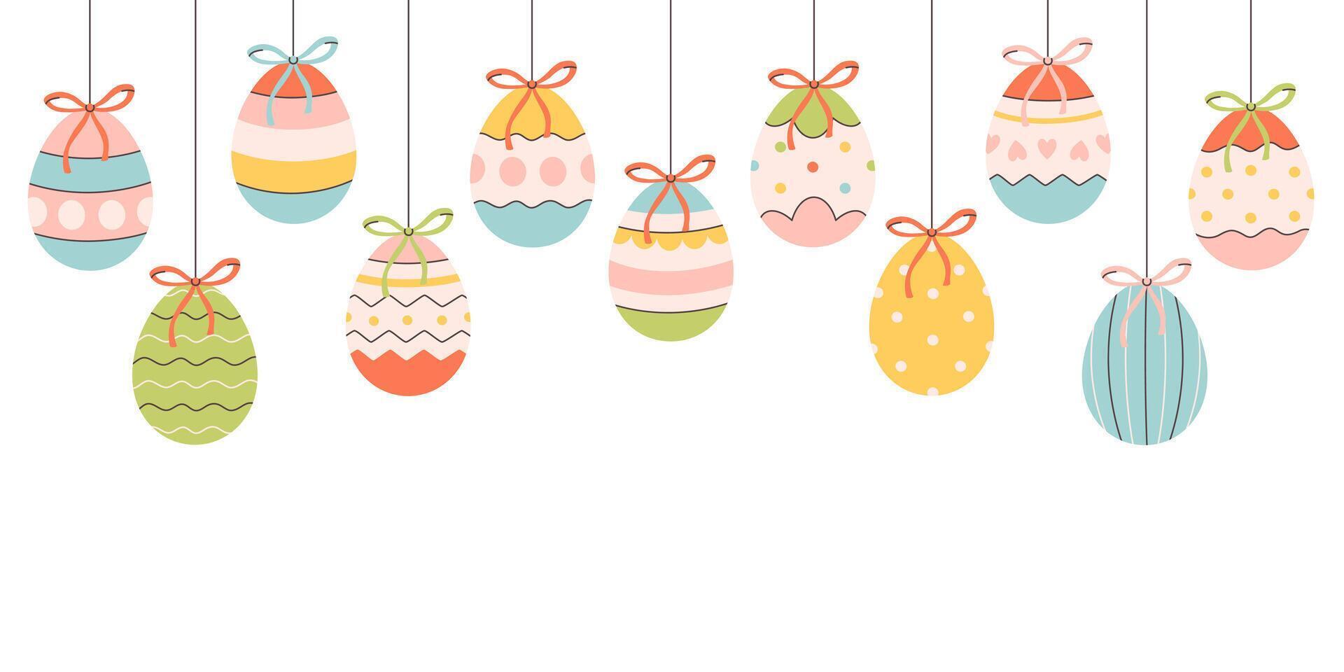 Cute hanging painted Easter eggs. Easter template for card and banner. Easter background with colorful eggs vector