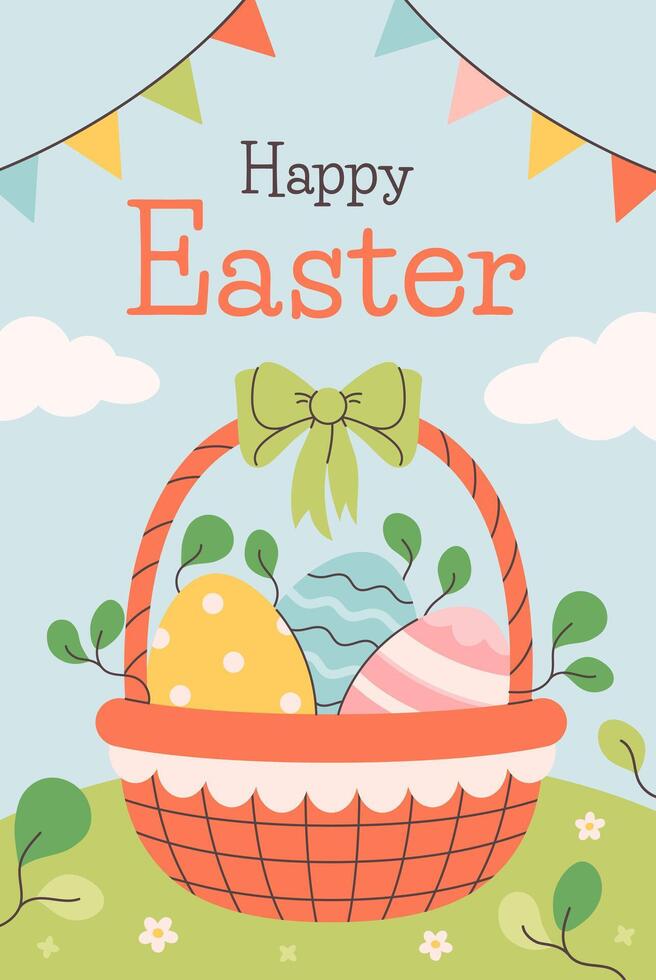 Happy Easter greeting card with cute basket with painted eggs on spring meadow. Design for cards, posters, banners. vector
