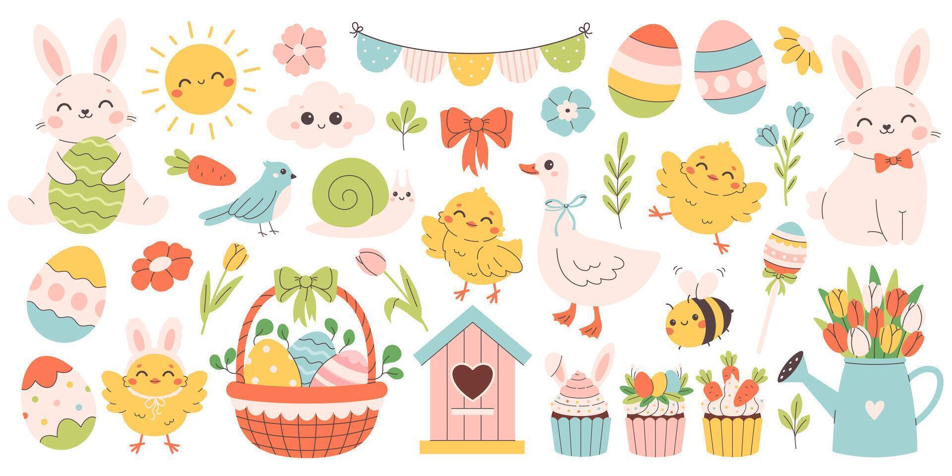 Cute Easter set. Spring collection of animals, flowers and seasonal decorations. Design for greeting cards, posters, scrapbooking, stickers vector