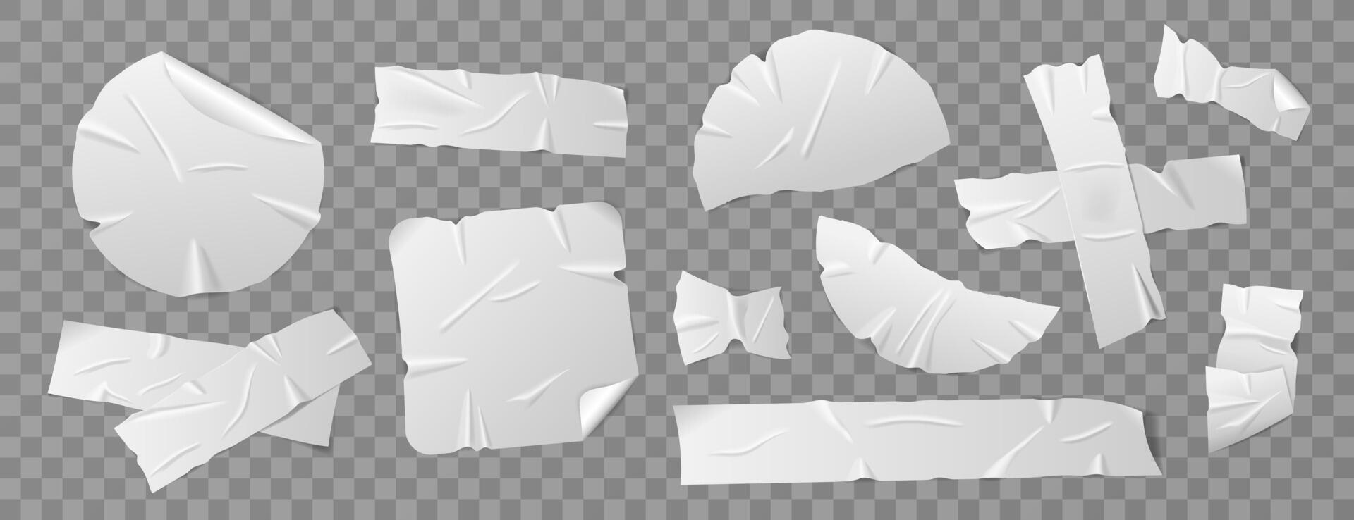 Set of white duct tape, adhesive tape, sticky paper strips. Isolated elements in different shapes on background. Collection of realistic tape pieces for collages, scrapbooking, and creative projects. vector