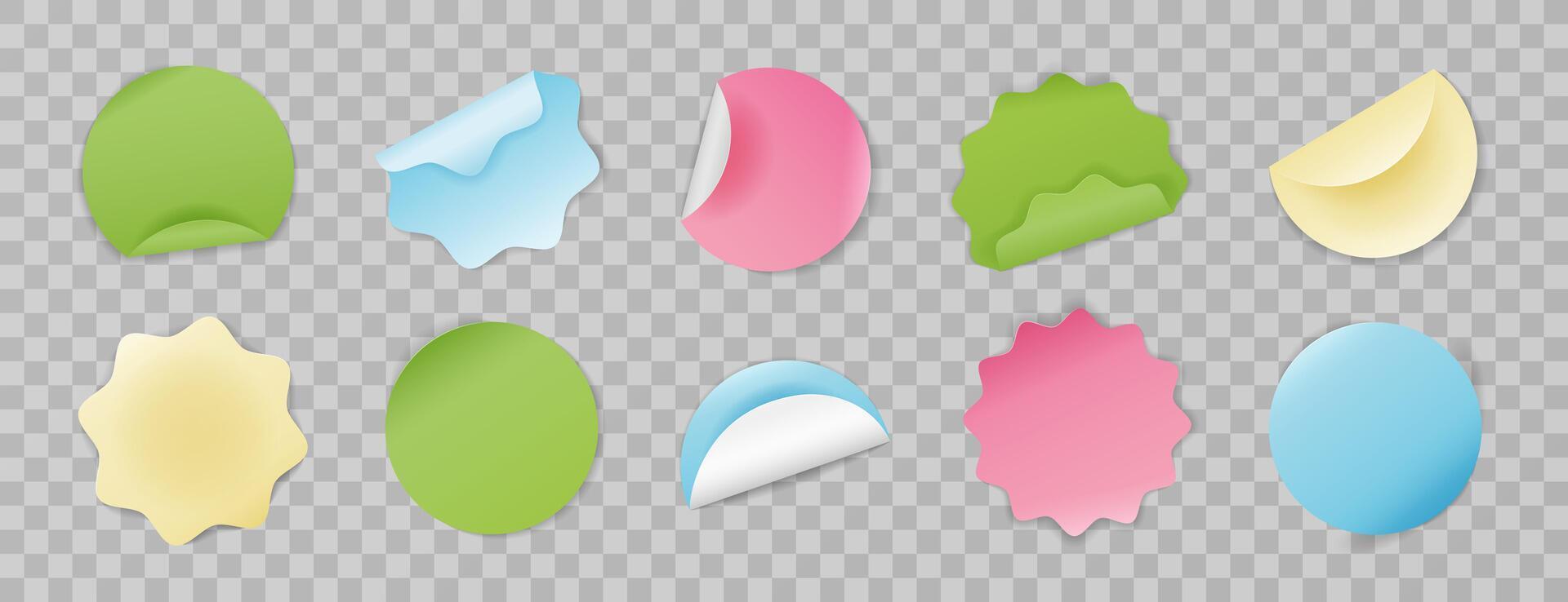 Set of realistic multicolored round stickers. Isolated blank paper sheets with curved and wavy edges on background. Elements for notes, mockups, planners, and journaling. Badges, sticky notes. vector