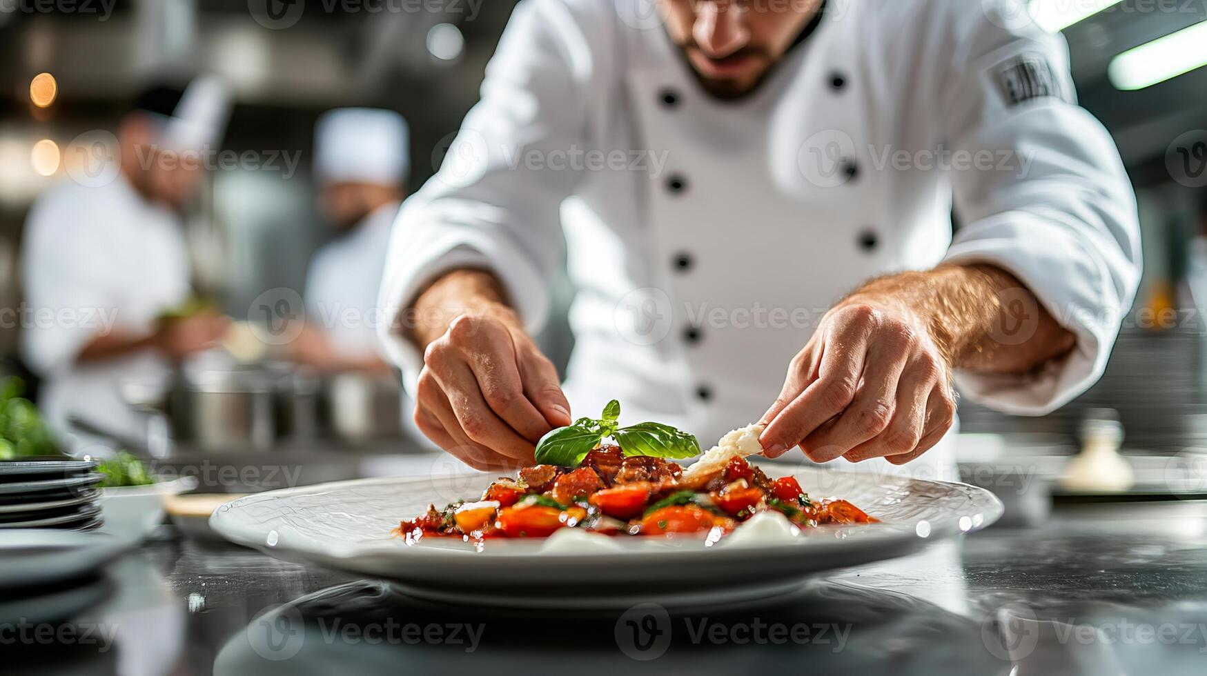 Chef Plating a Gourmet Dish with Precision and Care in Kitchen photo