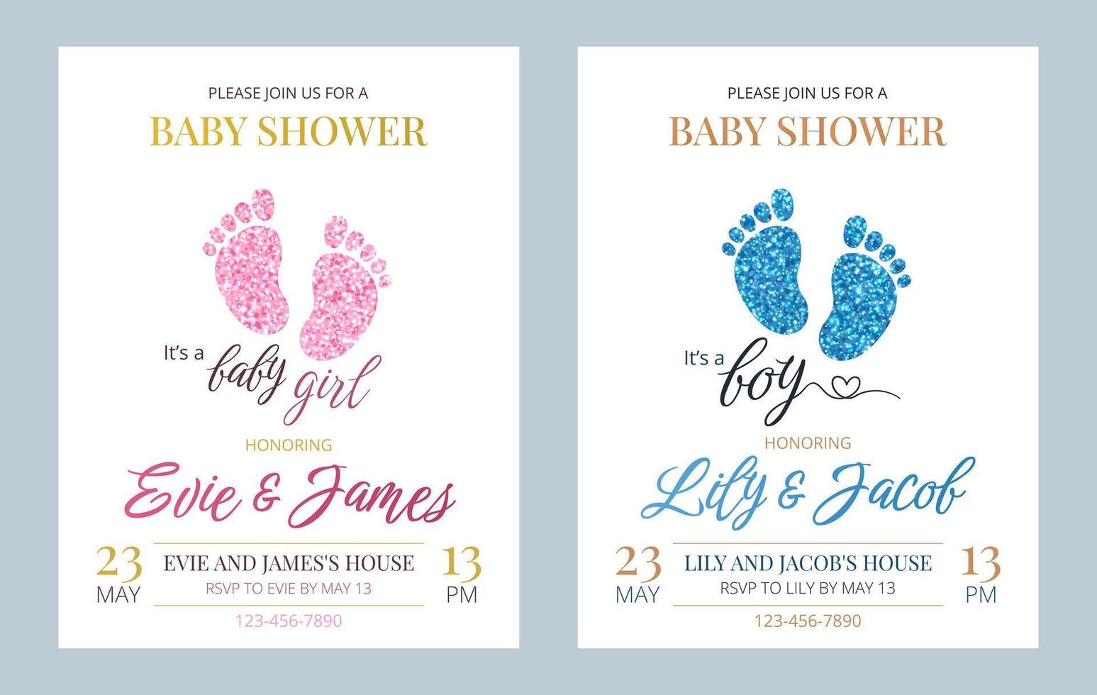 Invitation cards set for a baby shower, birthday, gender reveal party. It's a Girl. It's a Boy. Isolated vertical postcard templates with footprints, pink and blue glitter, text. vector