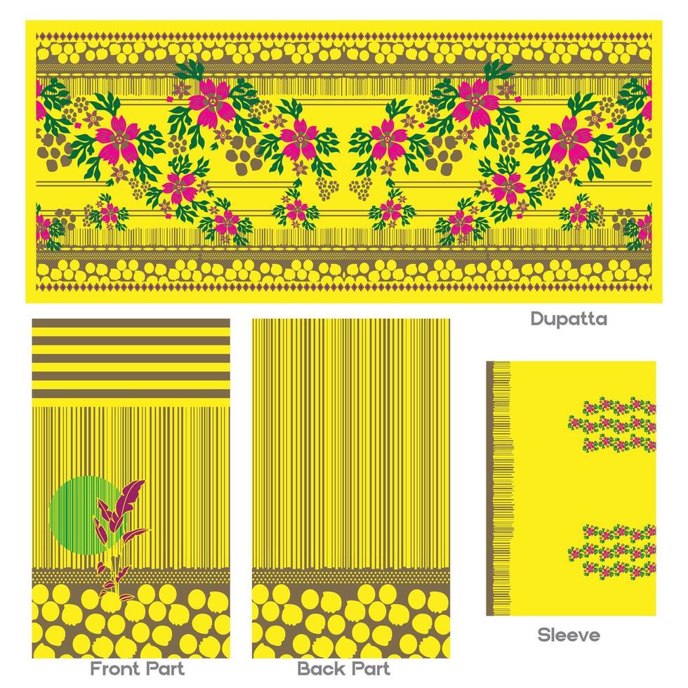 Yellow floral dupatta and clothing textile design with sleeve vector