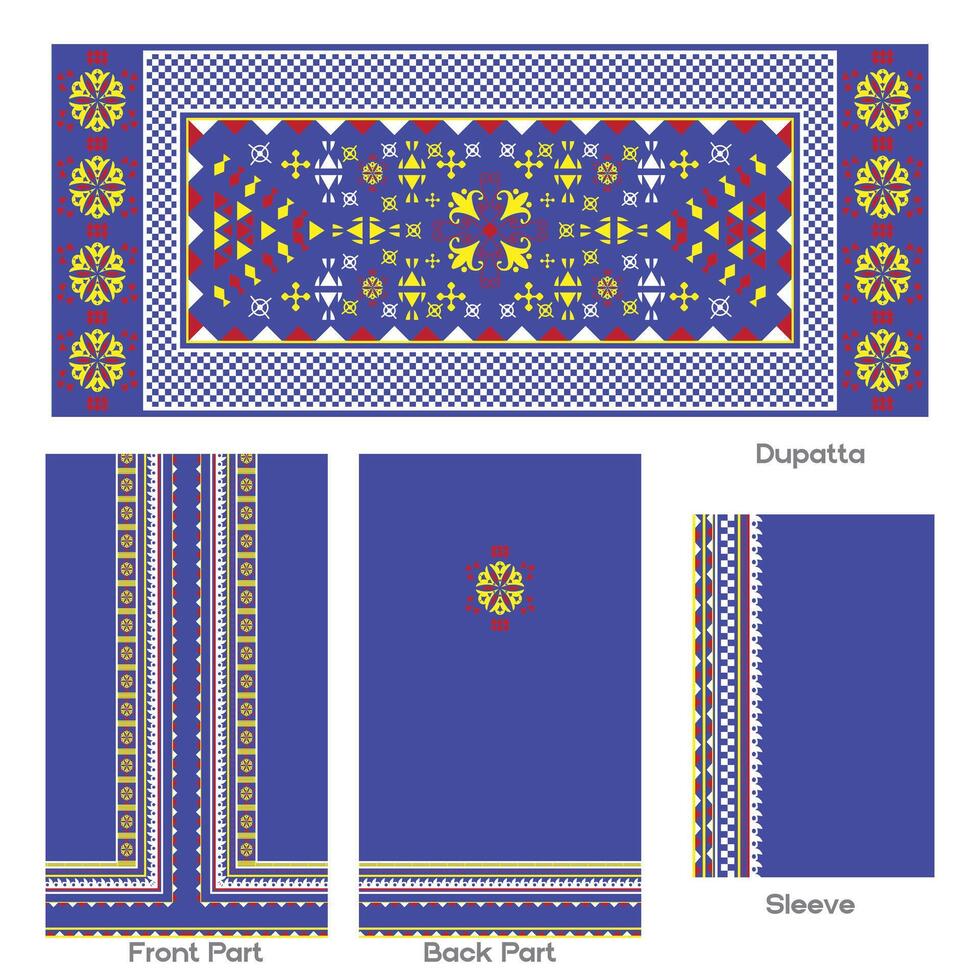 Intricate Blue Ethnic Dupatta Design with Floral and Geometric Patterns vector