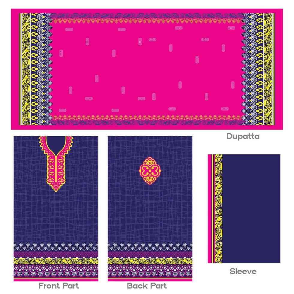 Beautiful ethnic wear design with dupatta, sleeve and dress patterns vector