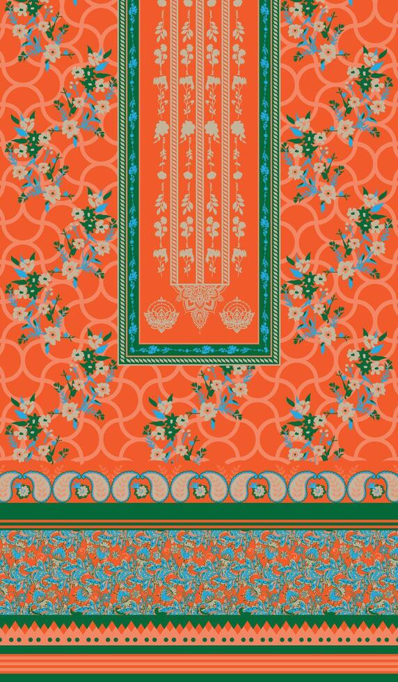 Floral and Geometric Pattern Dress Design in Orange and Green vector