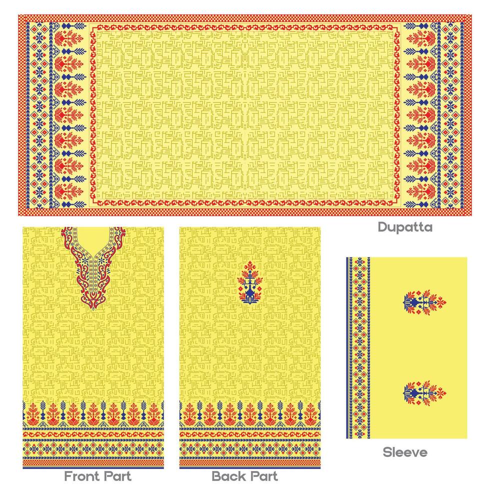 Yellow floral print Indian ethnic wear design with dupatta, front, back, and sleeve details. vector