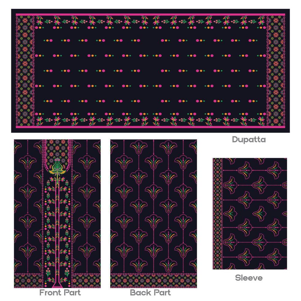 Elegant Embroidered Floral Pattern Black Dupatta with Matching Outfit Parts vector