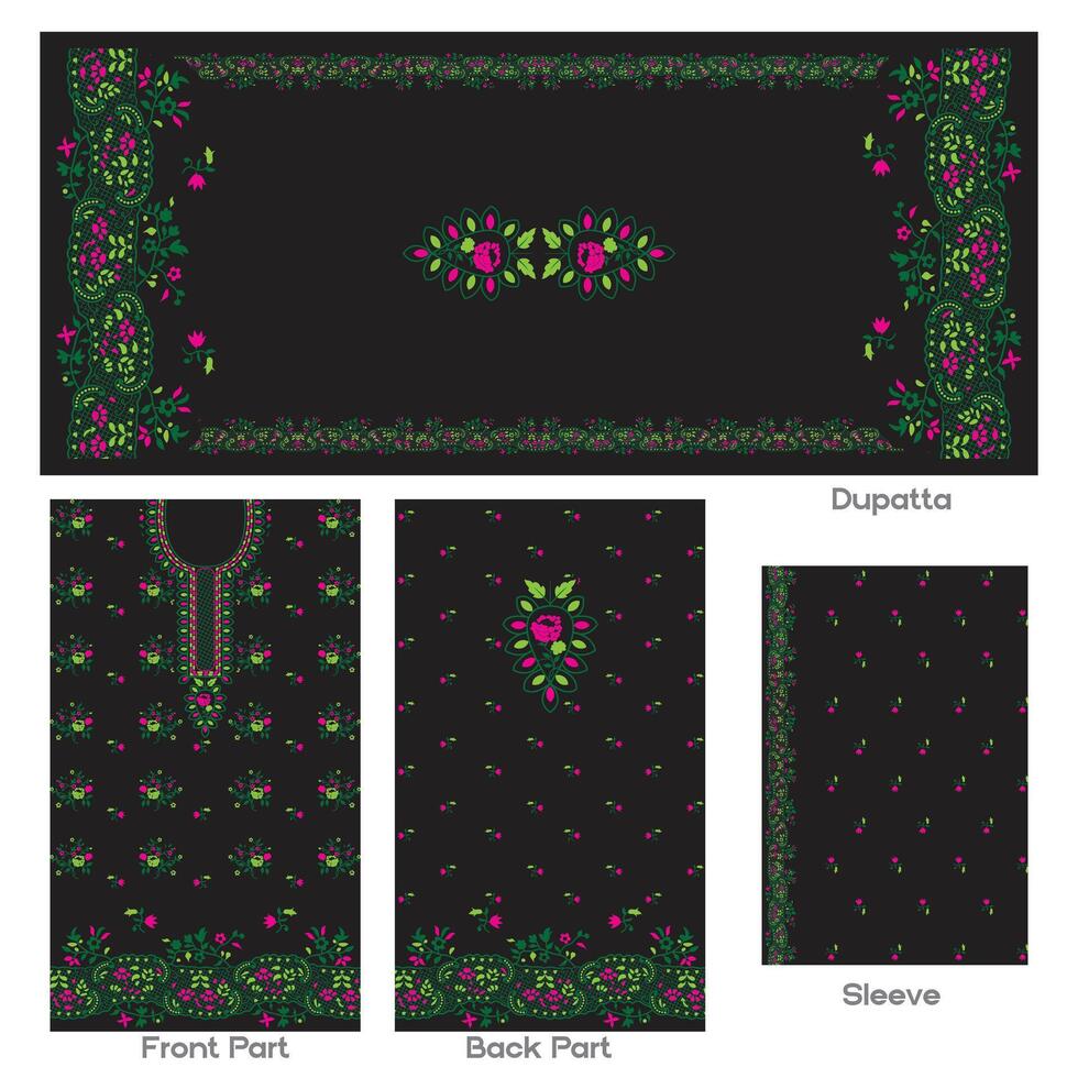 Embroidered floral design ethnic wear with dupatta, sleeve, front and back part on black background vector