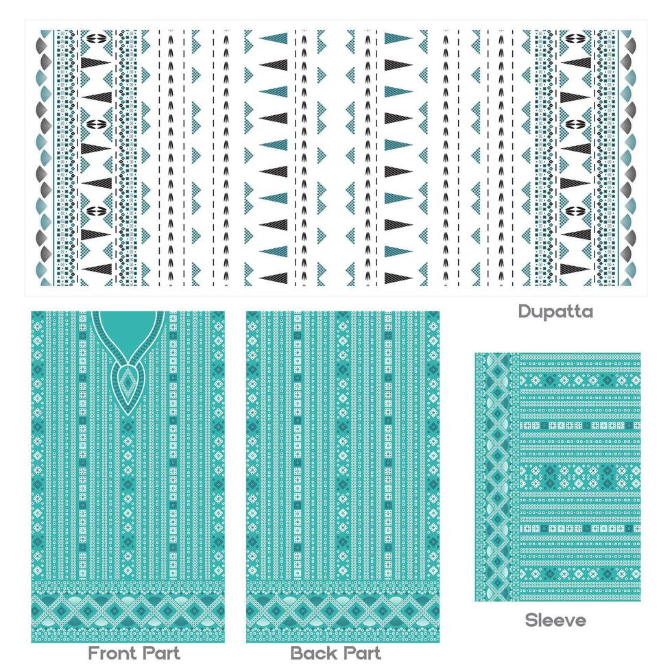 Cyan, Turquoise, and Geometric Patterned Dupatta and Clothing Design vector