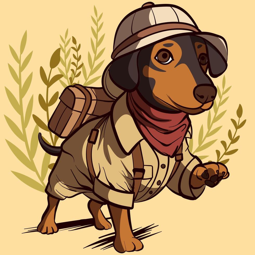 A dachshund wearing safari clothes, scarf and cap travelling. Beagle dog with backpack on vacation. vector