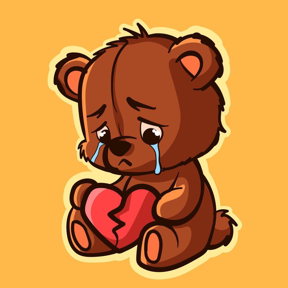 Sad teddy bear crying and holding a broken heart. vector
