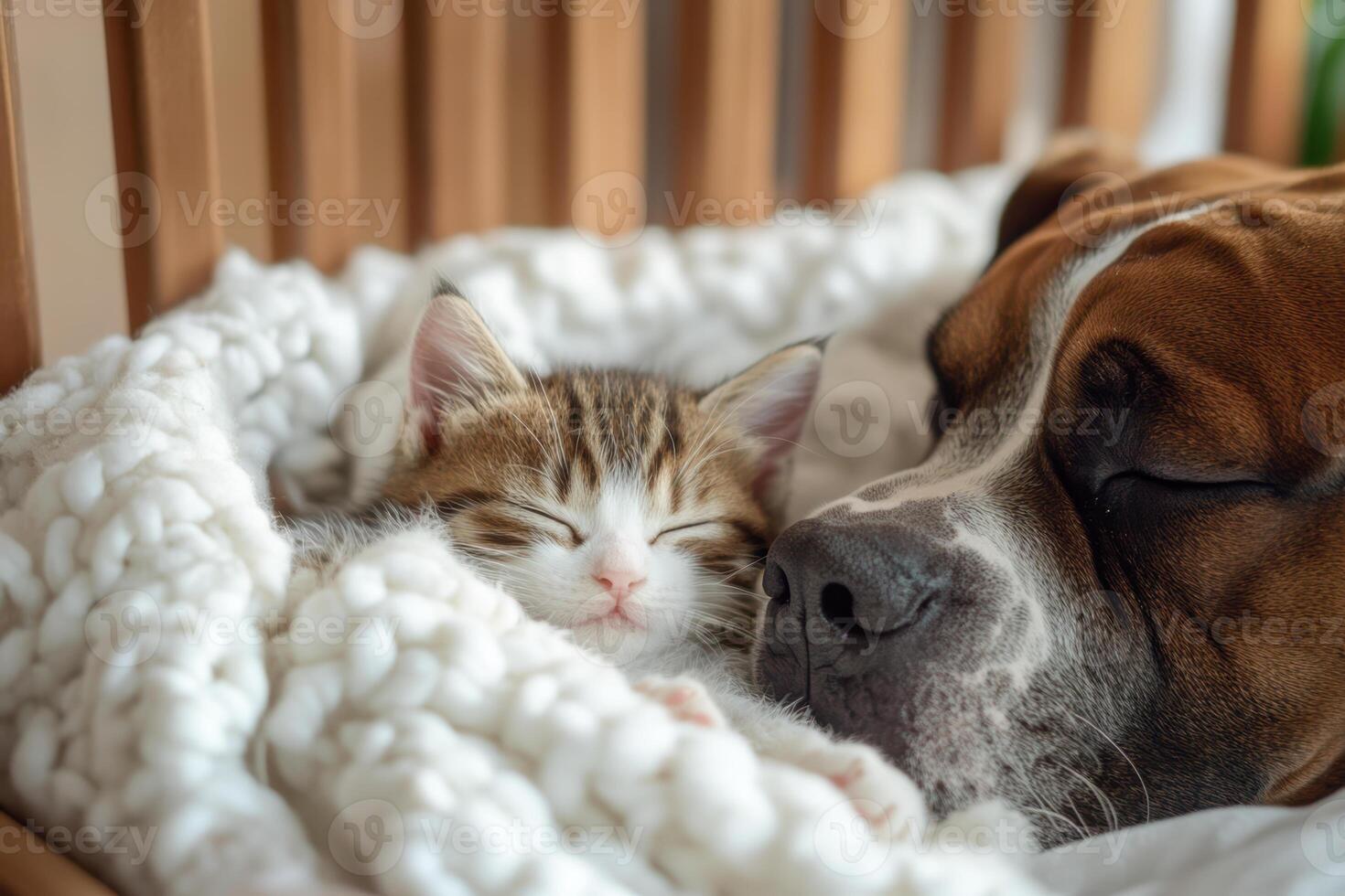 Kitten and dog peacefully sleeping together on a cozy blanket photo