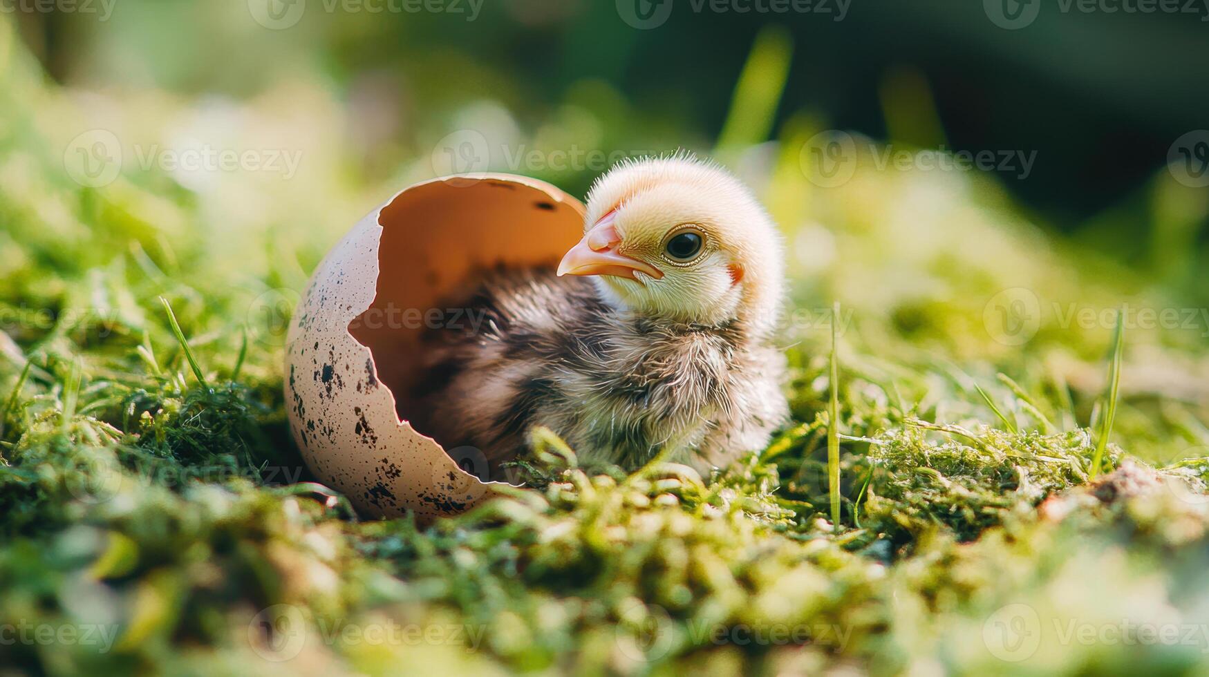 Fluffy chick emerging from egg in vibrant green grass. Farm bird photo
