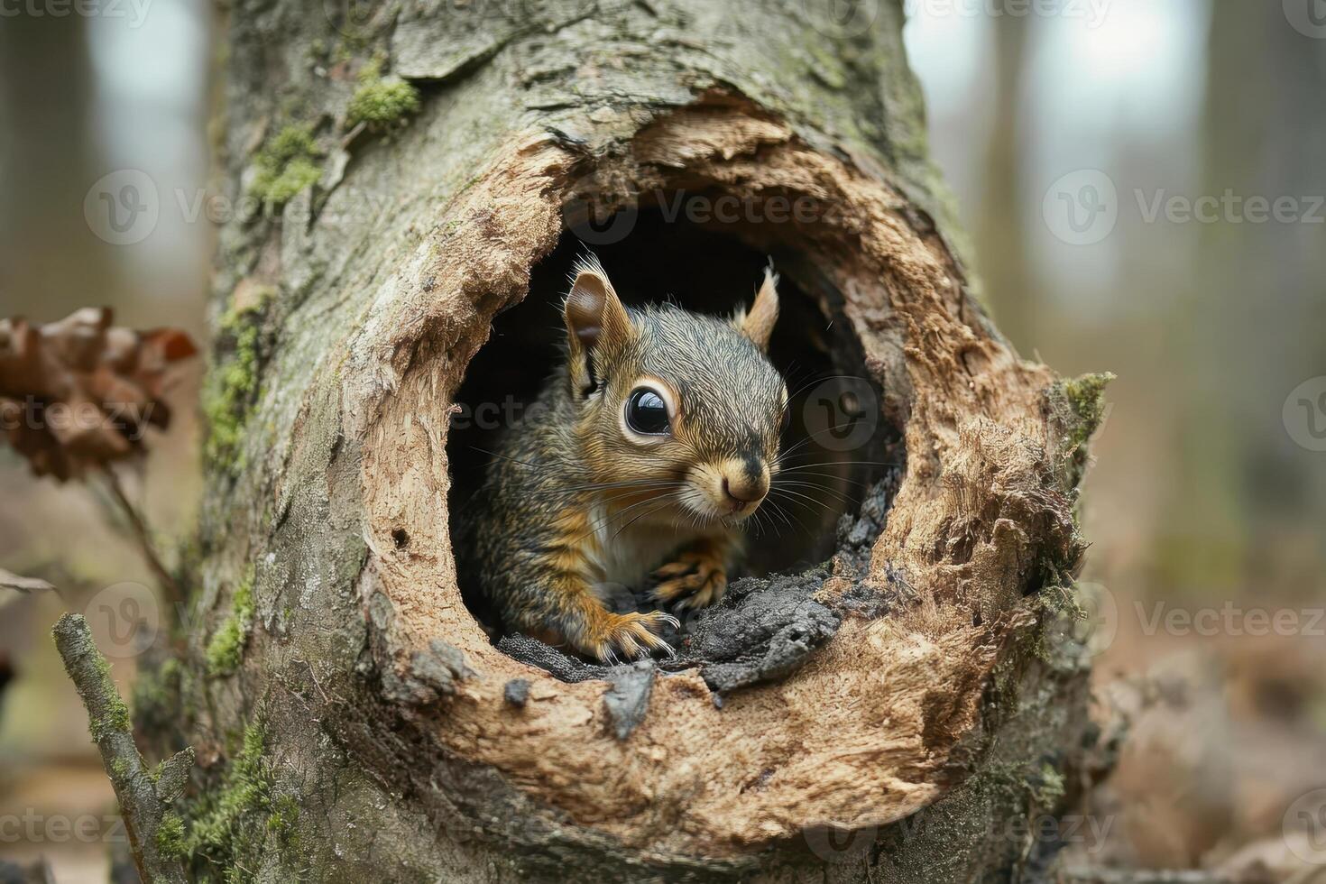 Squirrel peeking from tree hollow in forest habitat. photo