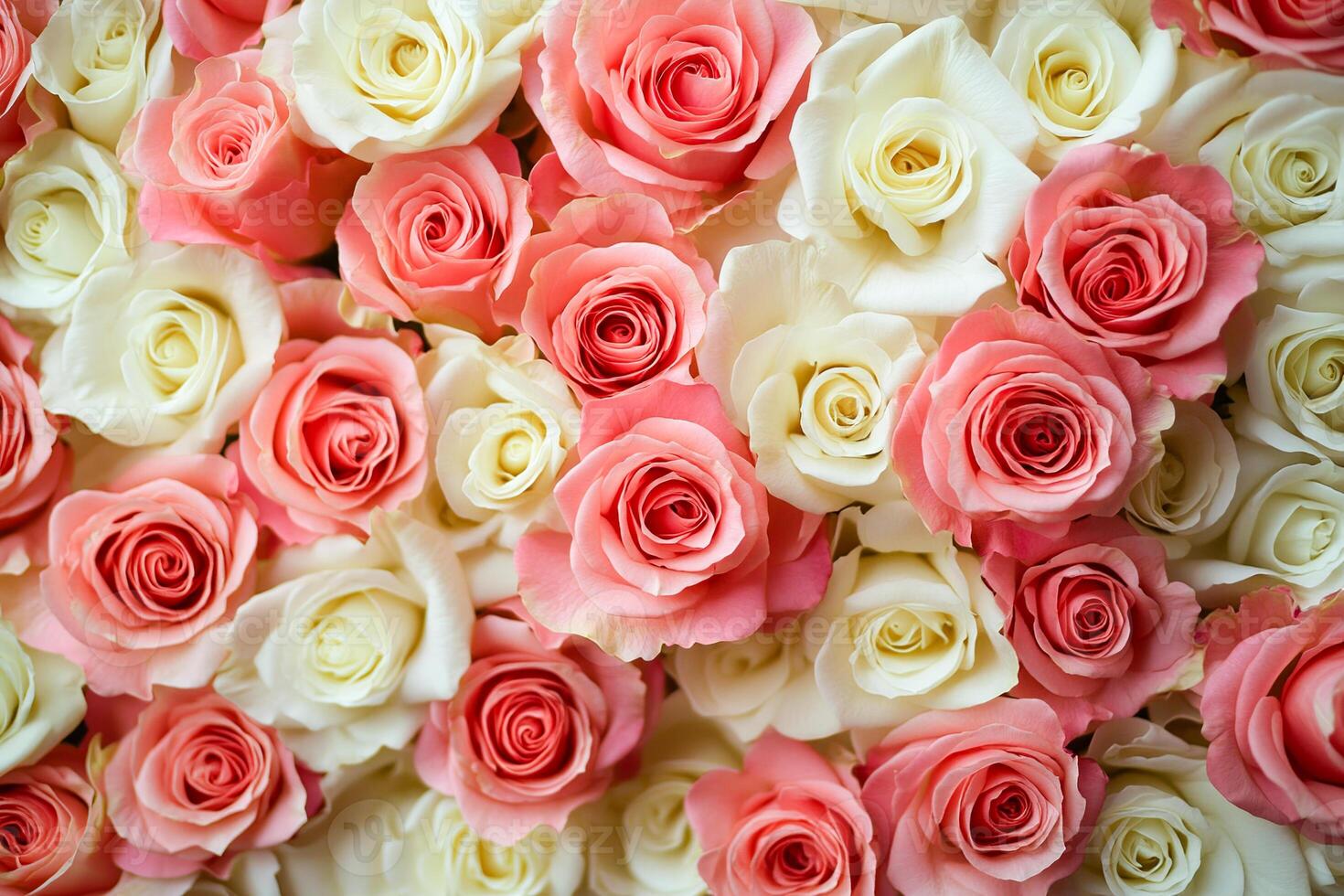 Close-up of pink and white roses in full bloom creating a vibrant floral background. Top view photo