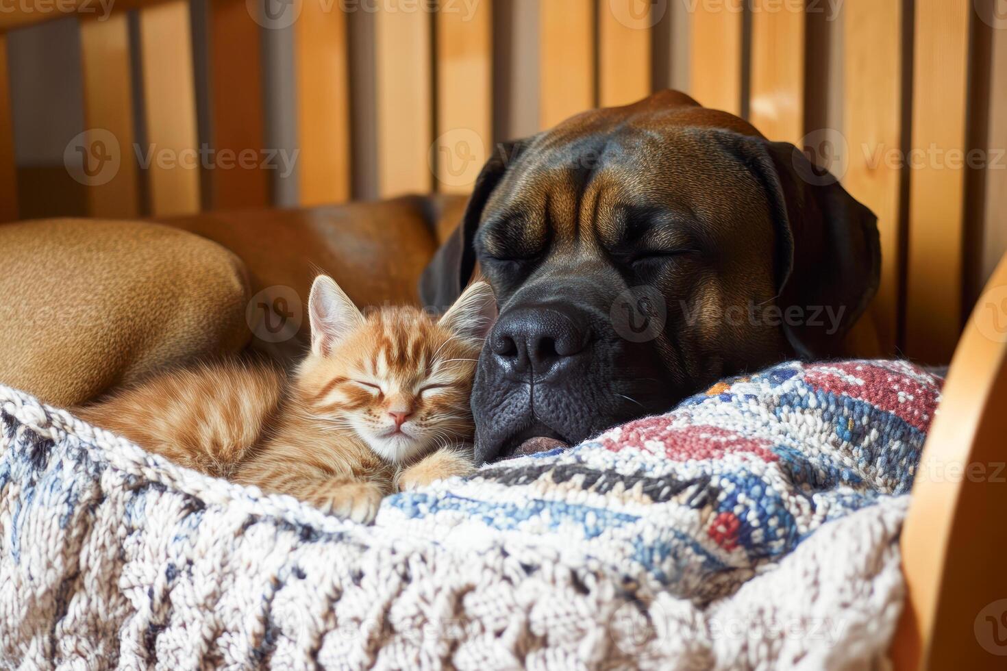 Ginger kitten and boxer dog napping together on a quilted blanket. photo