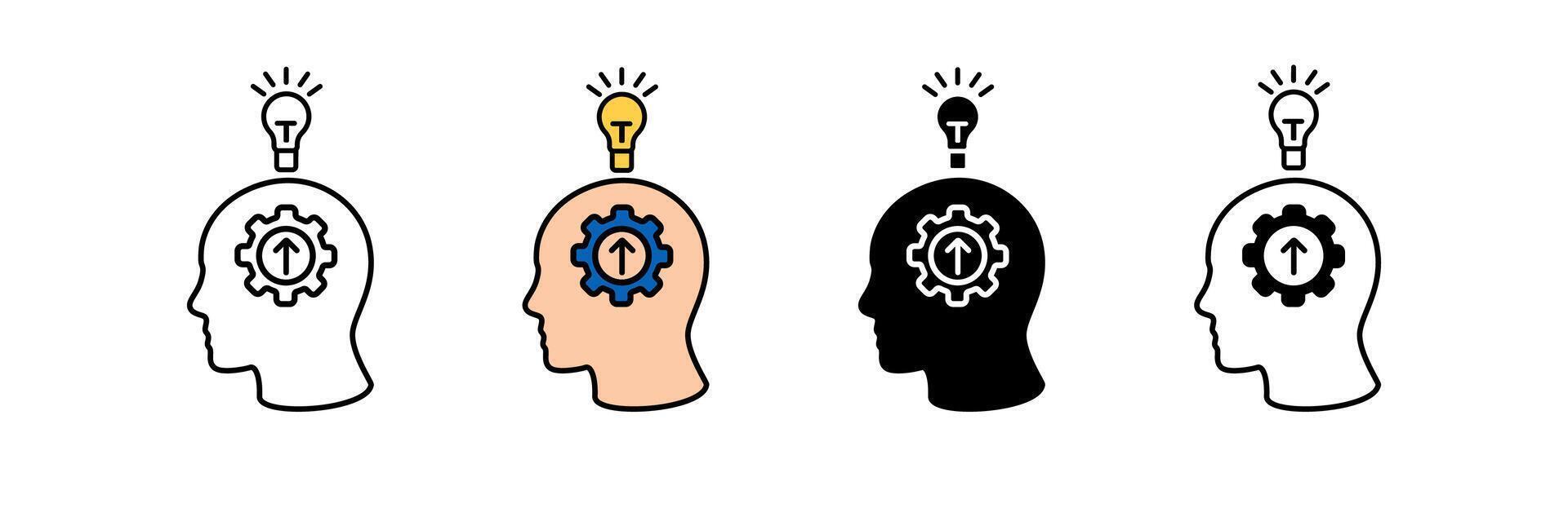 Four human heads with gears and light bulbs symbolizing thought and creativity vector