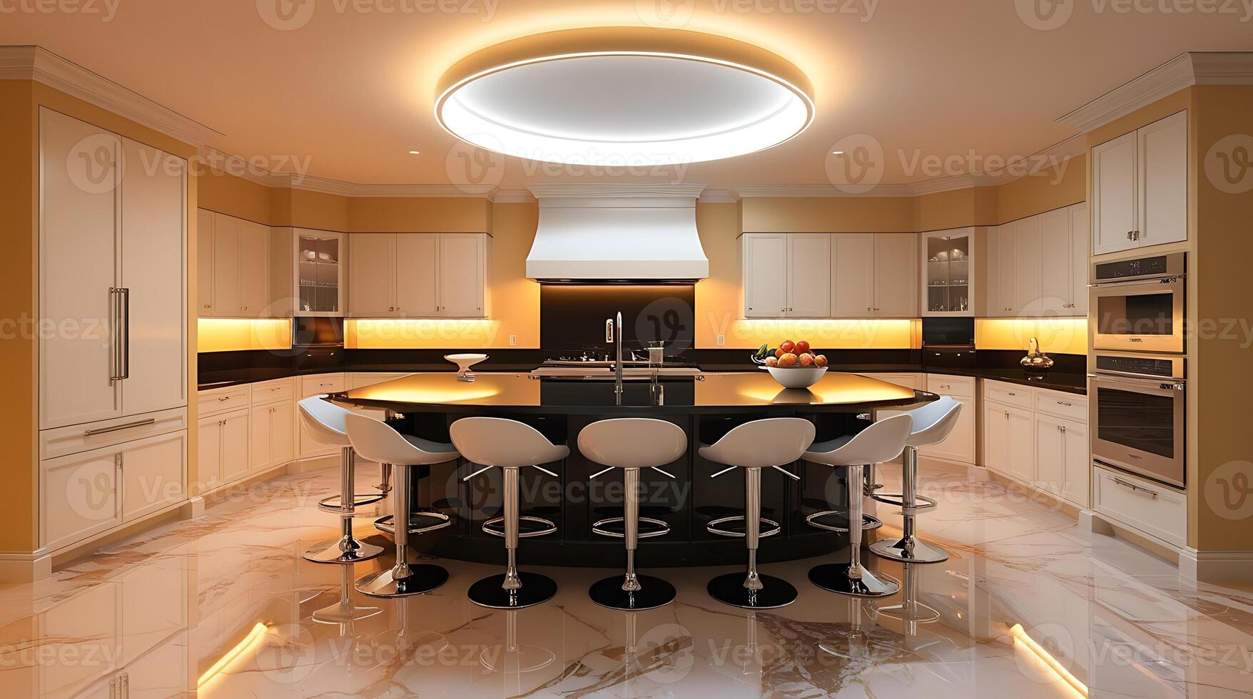 A kitchen with a center island and bar stools photo