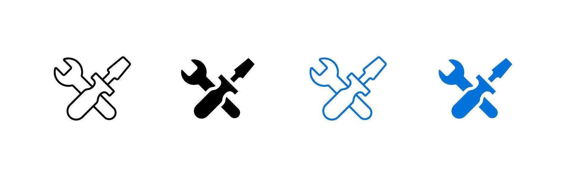 Crossed wrench and screwdriver icon set in multiple styles and colors vector