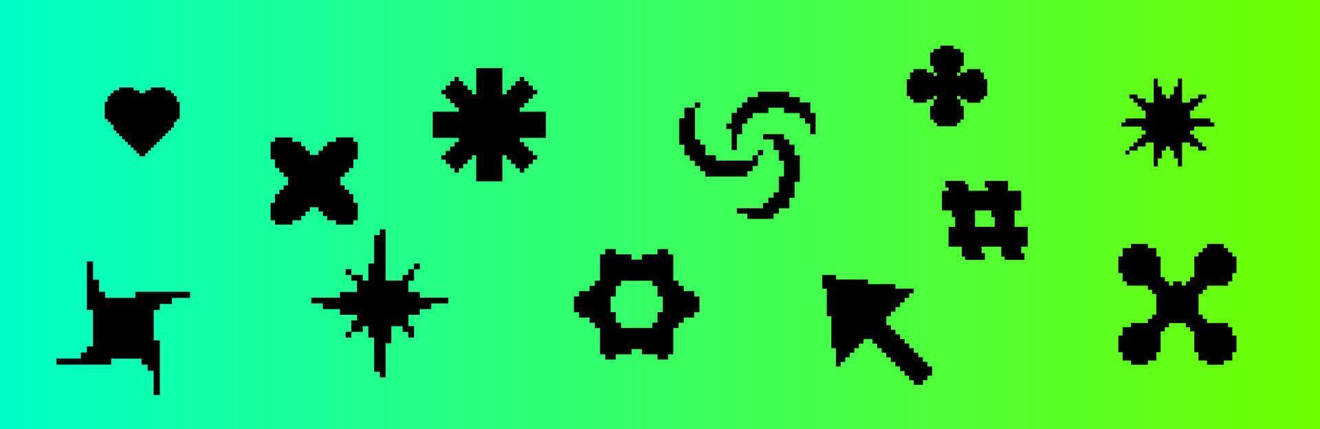 Black pixel icons with Y2K elements and 90s digital style. vector
