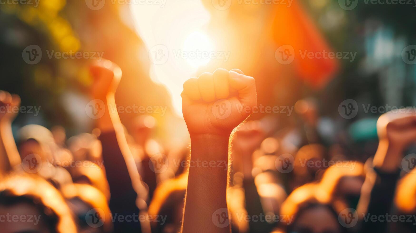 A crowd of people holding up their fists in the air photo
