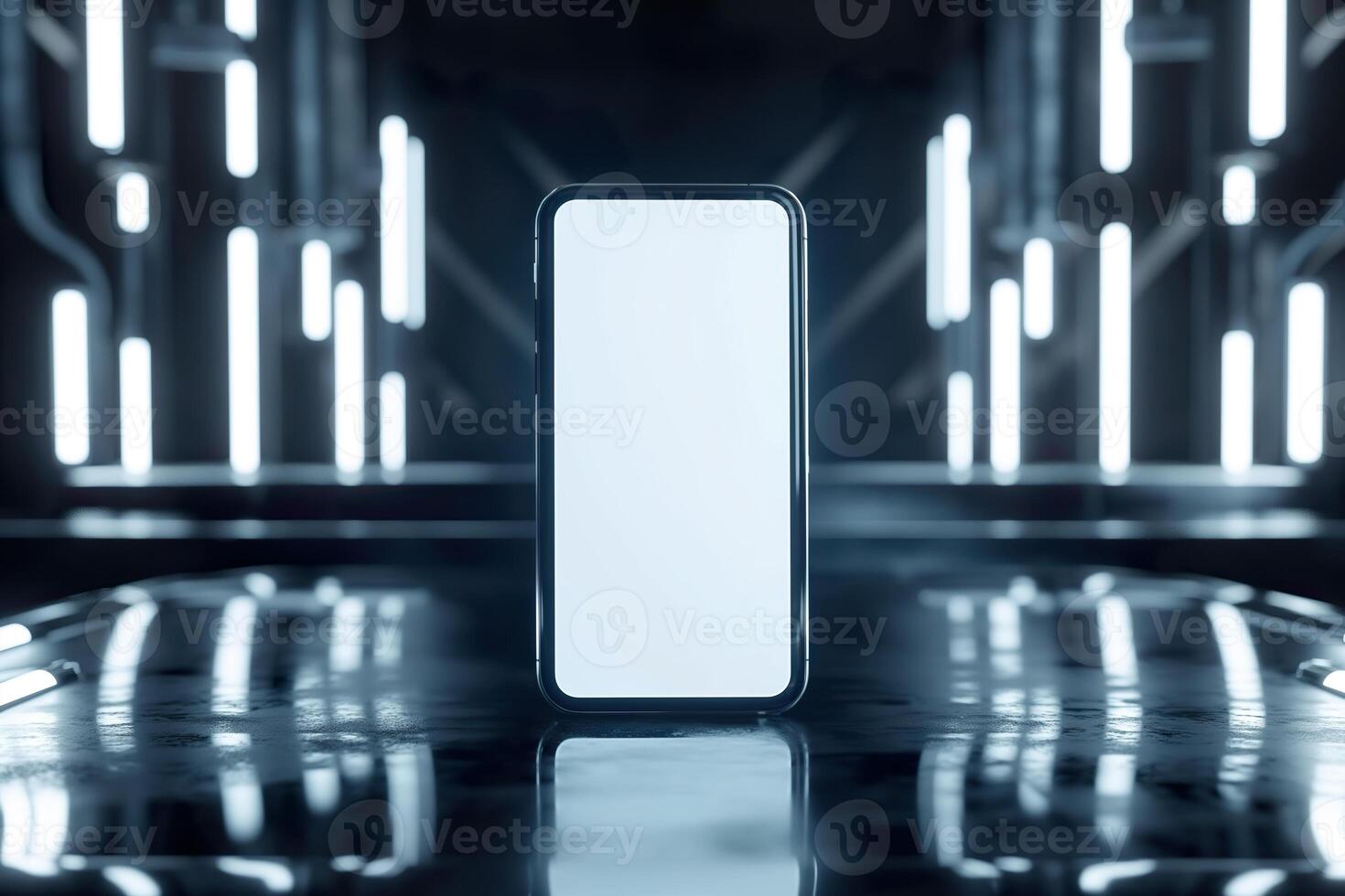 An empty white phone on a table in a dark room photo