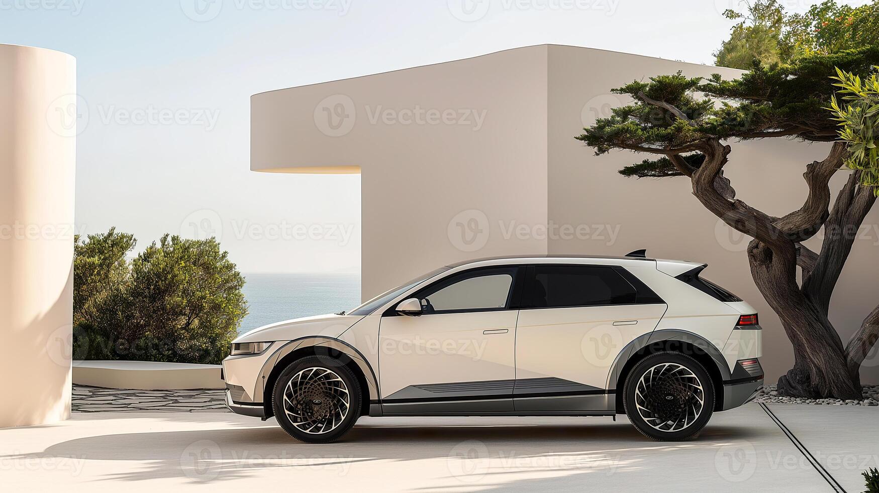 The audi e - tron concept is parked in front of a white building photo