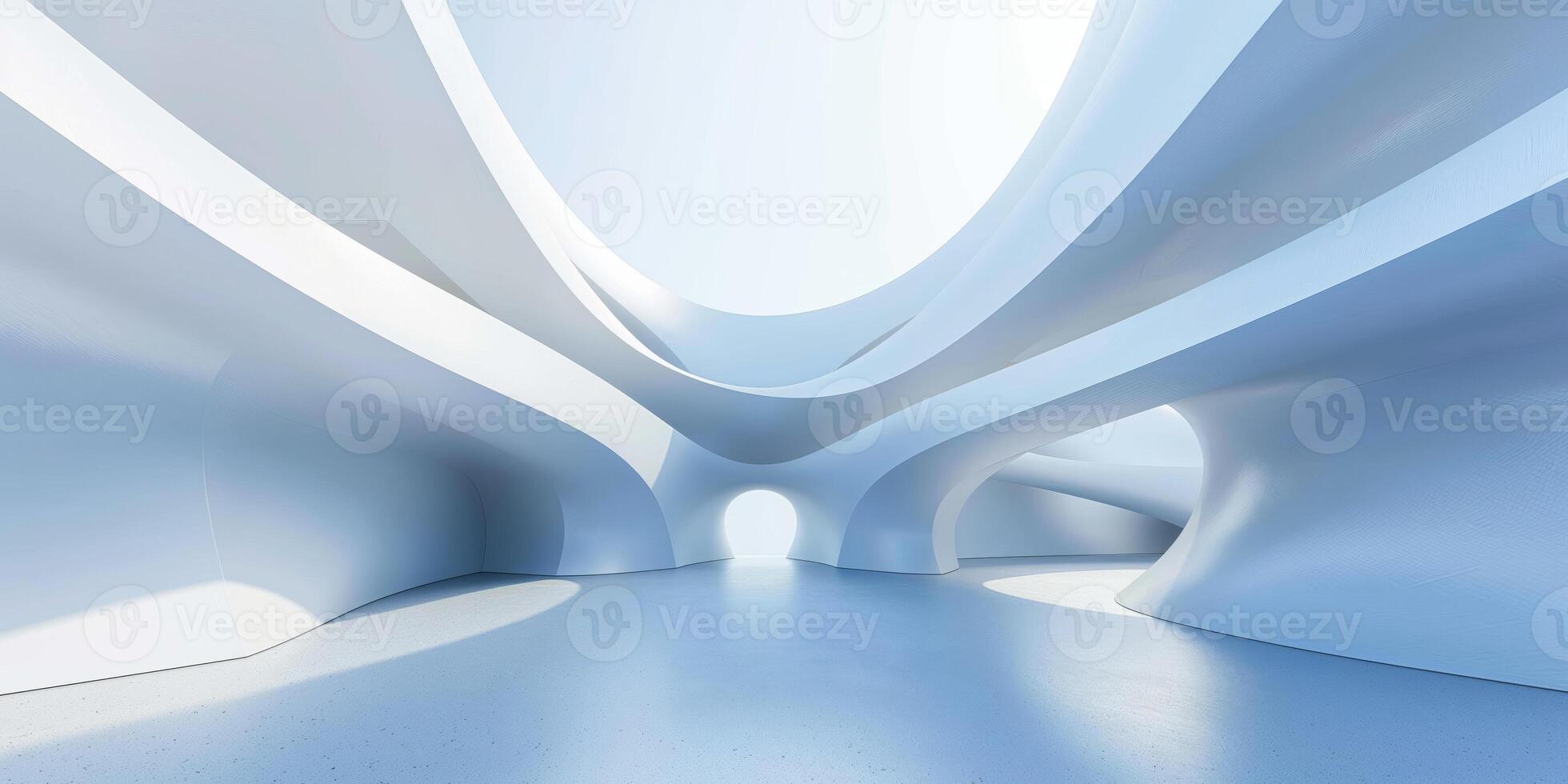 A white room with curved walls and a large window photo
