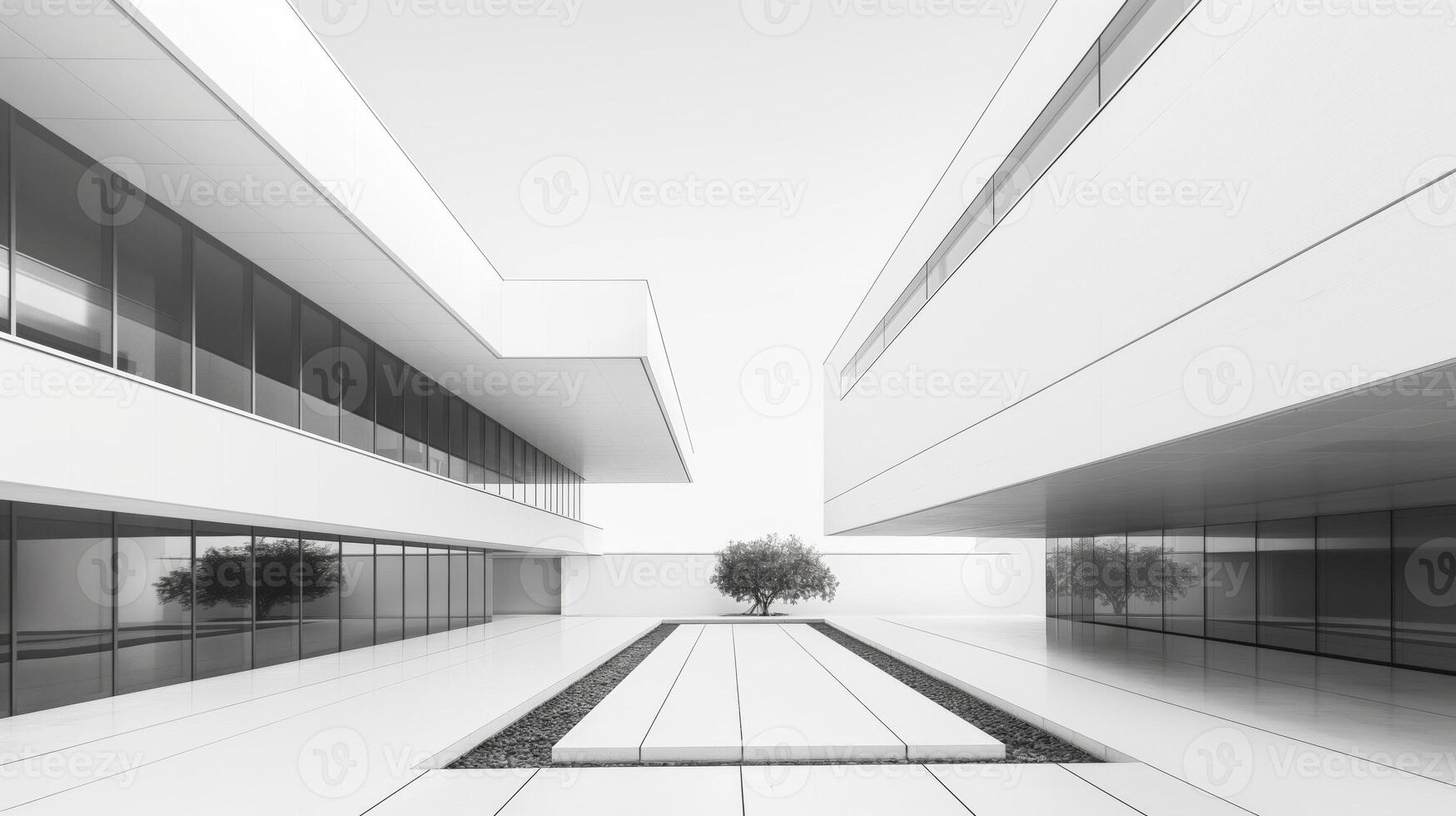 Black and white photo of a courtyard in a modern building