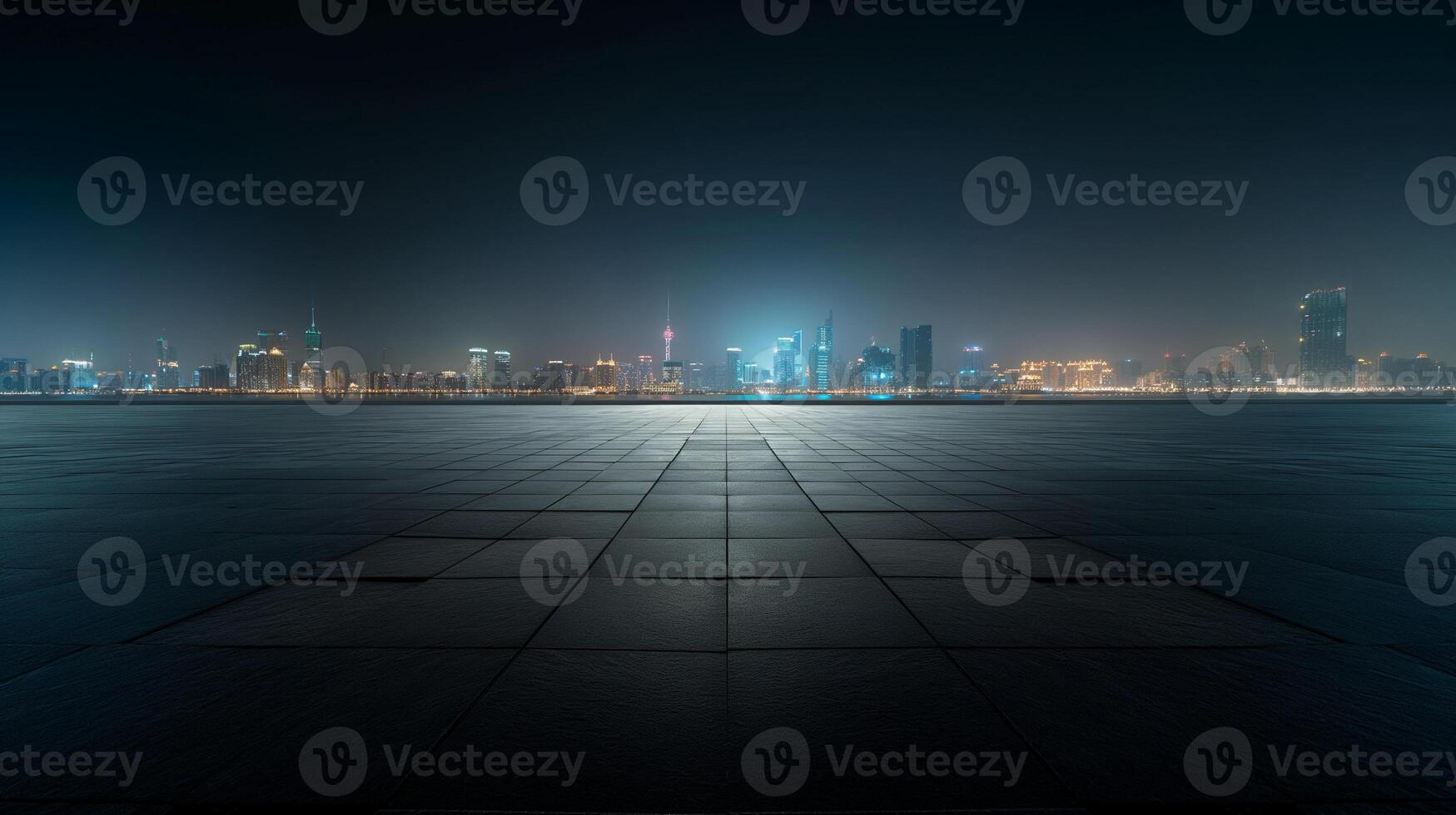 A cityscape at night with a city skyline in the background photo