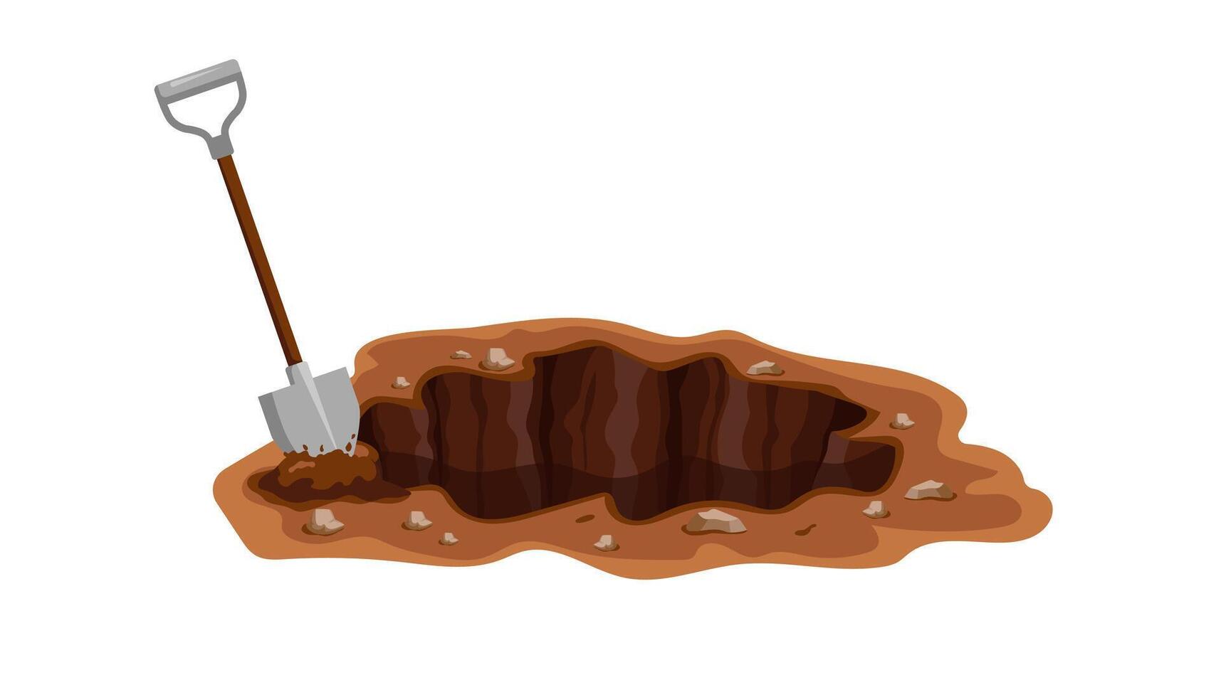 Shovel in dirt next to large hole groundwork or gardening scene with brown earth vector