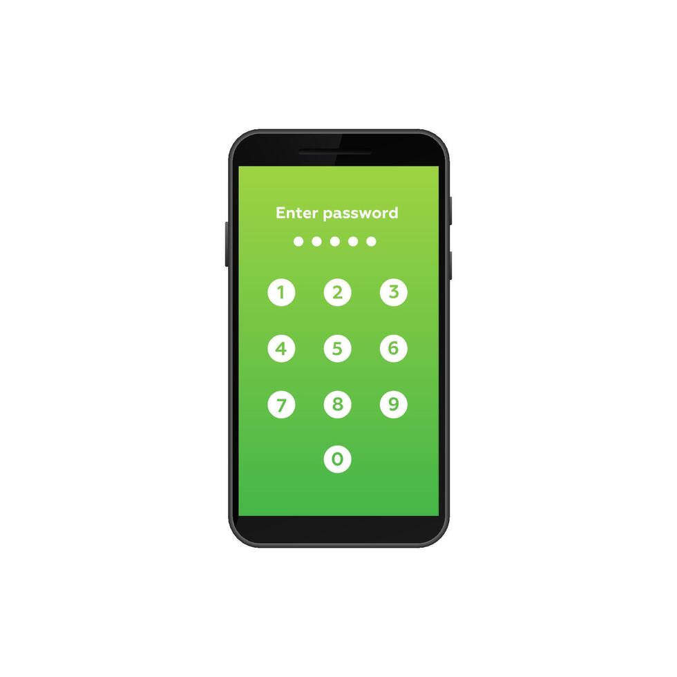 Smartphone displaying green password entry screen with number pad icons for security access vector