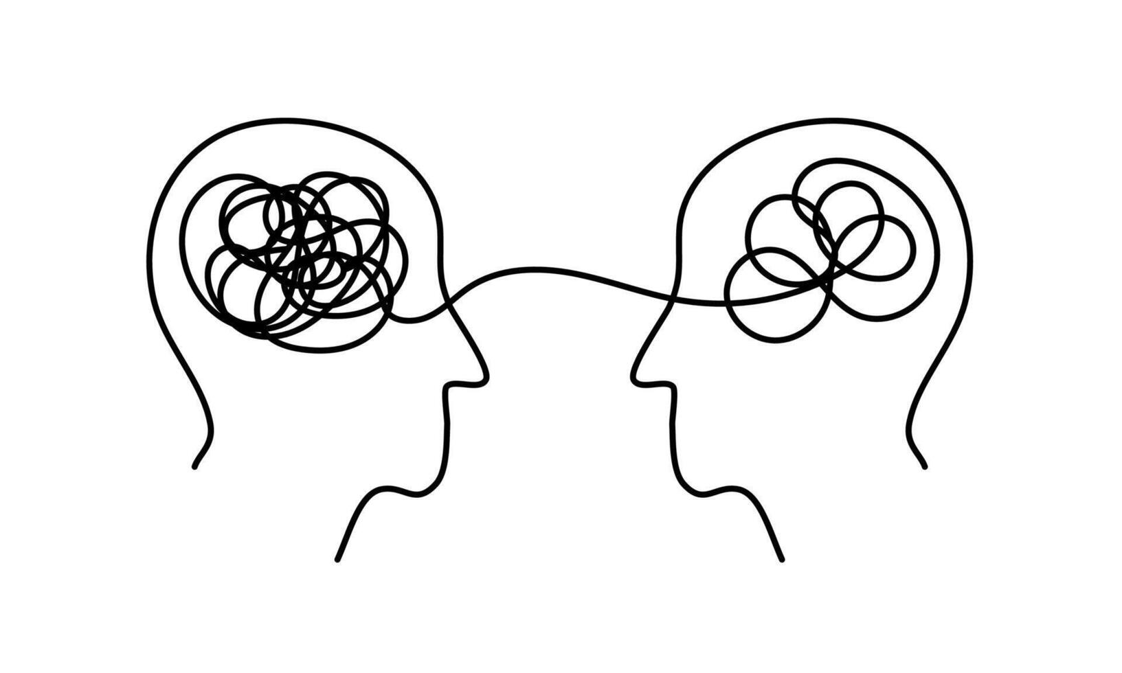 Abstract illustration of two minds connected by a thread for communication concept vector