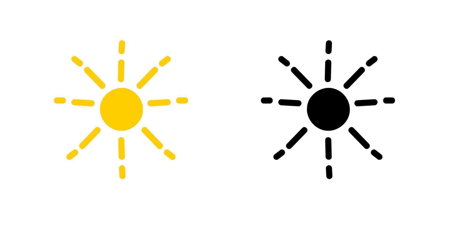 Bright yellow sun and black sun symbols on a white background with simple radiating lines vector