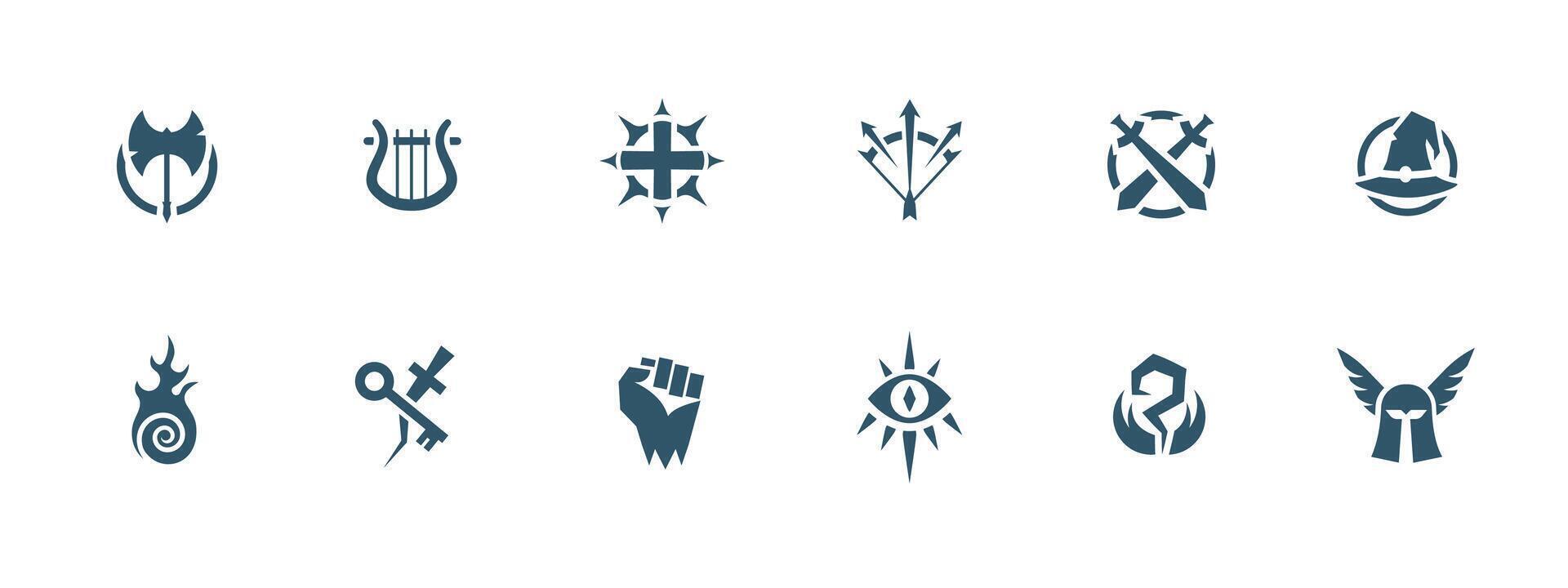 Twelve unique fantasy icons featuring weapons, symbols, and mystical elements for creative projects vector