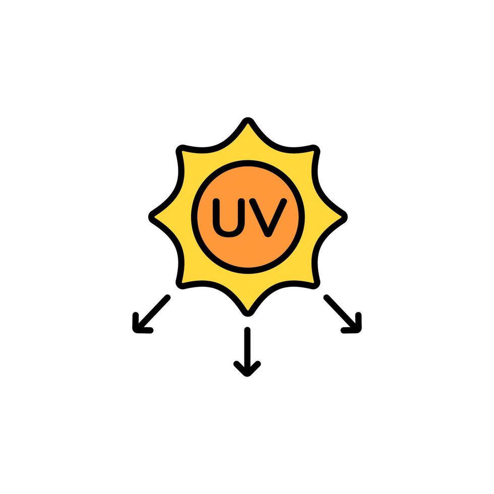 Bright yellow uv sun icon with orange center and black direction arrows indicating radiation vector