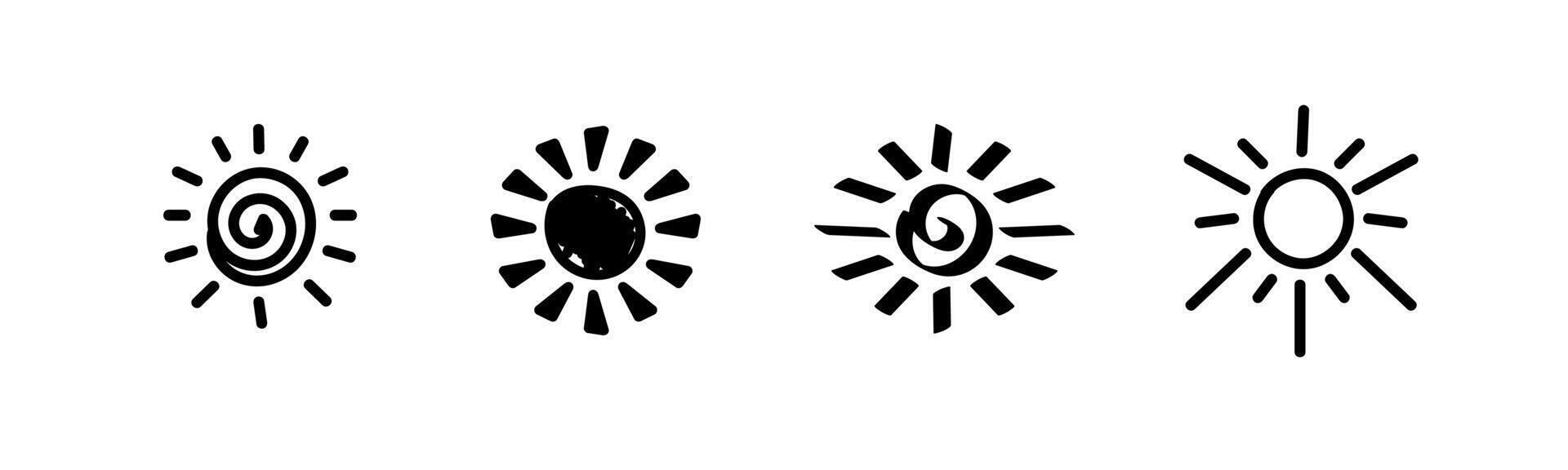 Four unique black sun icon designs with white background for graphic projects vector