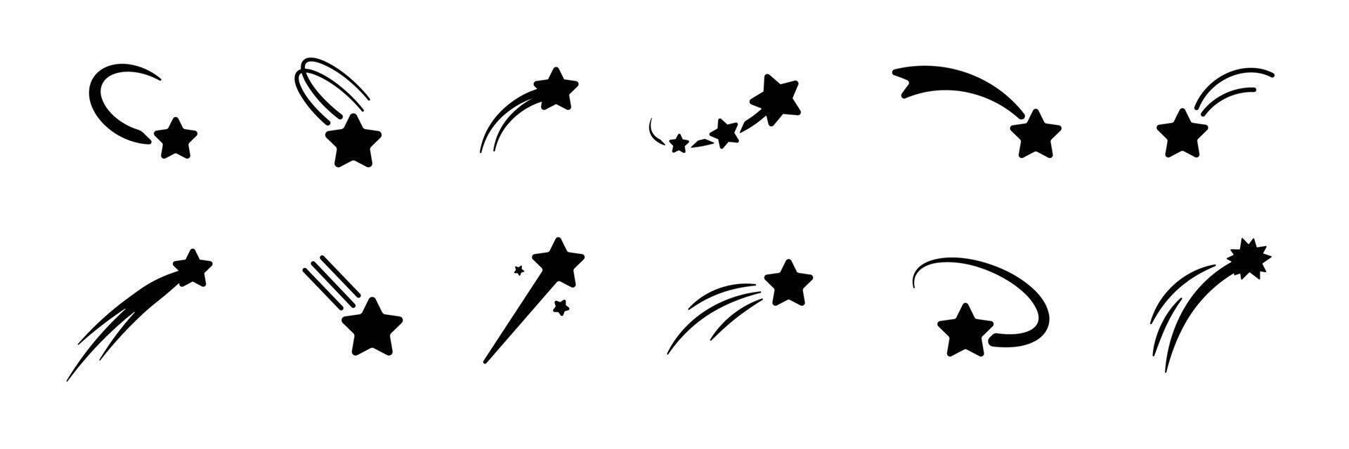 Collection of black shooting star icons with different shapes and dynamic trailing effects vector
