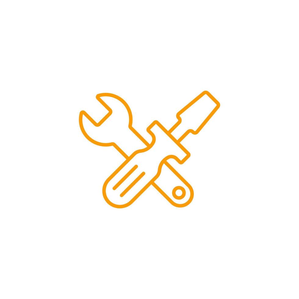 Orange wrench and screwdriver icon suggesting maintenance and repair work tools in simple design vector