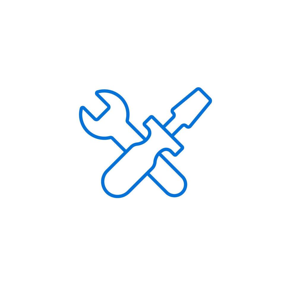 Blue line art icon of crossed wrench and screwdriver represents tools and maintenance services vector
