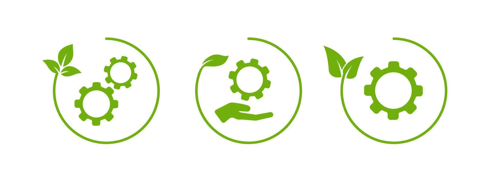 Circular green leaf and gear icon for eco and sustainable designs. vector