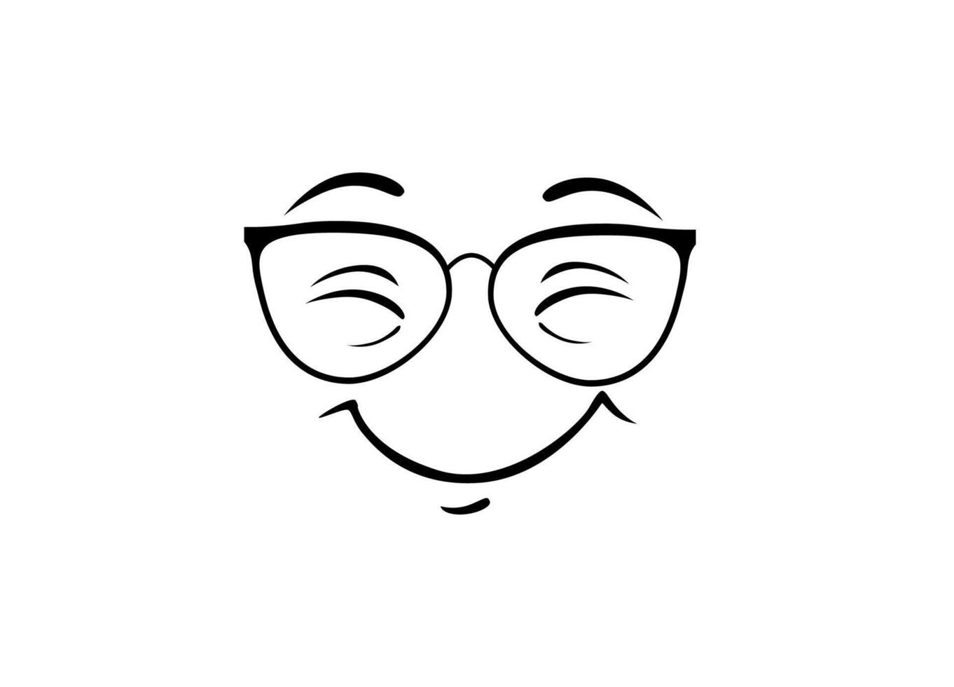 Minimalist smiling face with glasses and closed eyes in simple black line vector