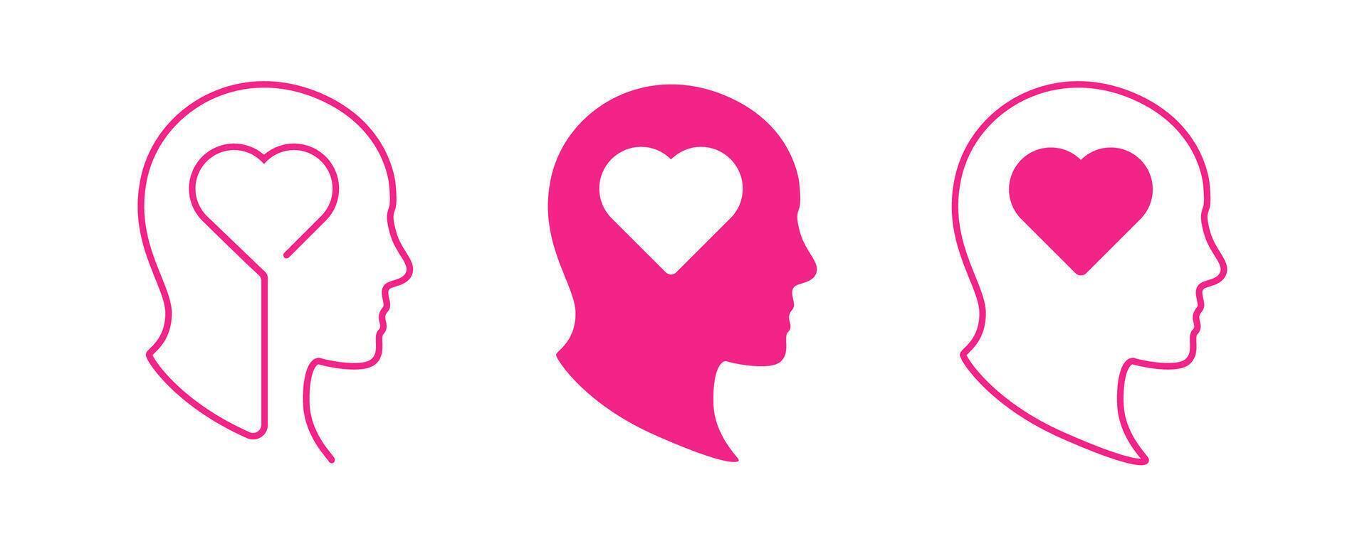 Human head silhouettes with heart symbols for love and mind concept in bold pink outline vector