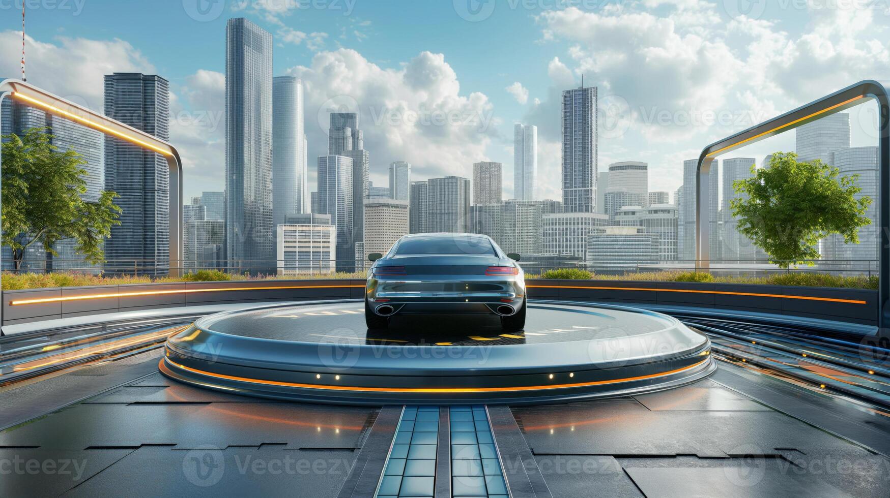 A futuristic car is sitting on a circular platform in front of a city photo
