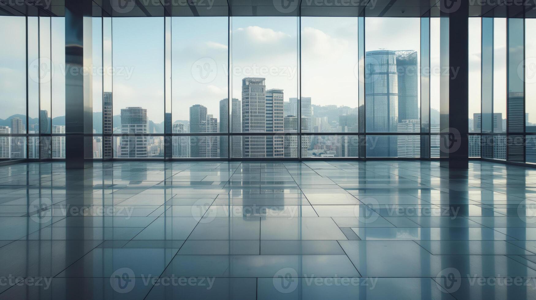 A large empty room with a view of the city photo
