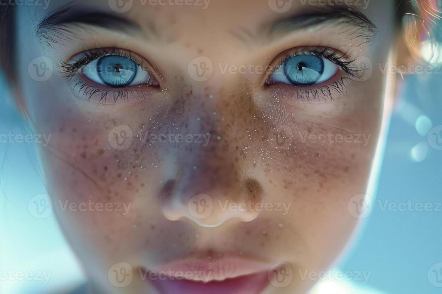 A close up of a young woman with freckles on her face photo